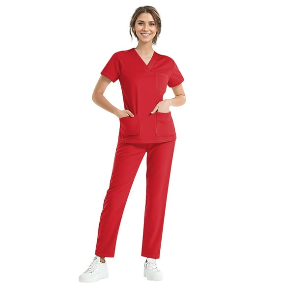 MLQIDK Womens Scrub Sets Plus Size Scrubs Petite V-Neck Scrub Pants and Tops Medical Scrub Sets Nursing Top with Pockets Vermilion XL