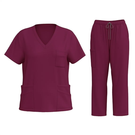 MLQIDK Womens Scrubs Plus Size Medical Scrubs Petite V Neck Scrub Tops and Pants Scrub Set Nursing Top Jogger Scrubs Wine L