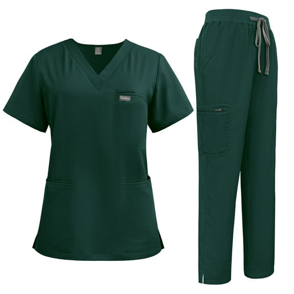 MLQIDK Womens Scrubs Plus Size Medical Scrubs Petite V Neck Yoga Scrub Pants and Tops Scrub Joggers Nurse Uniforms with Pockets Dark Green XXL