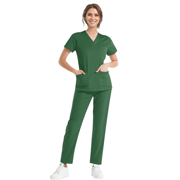 MLQIDK Womens Scrubs Plus Size Medical Uniforms Stretchy V-Neck Yoga Scrub Pants and Tops Scrub Sets Nursing Uniforms with Pockets Dark Green XXXL