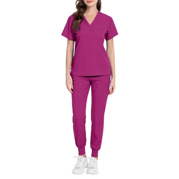 MLQIDK Womens Scrubs Plus Size Nurse Uniforms Stretchy V Neck Scrub Pants and Tops Scrub Set Medical Uniforms with Pockets Hot Pink XS