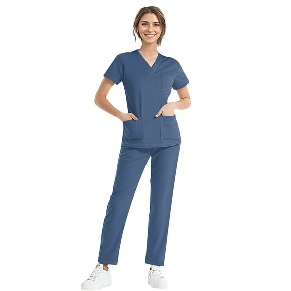 MLQIDK Womens Scrubs Plus Size Nursing Scrubs Stretchy V Neck Scrub Tops and Pants Scrub Sets Medical Uniforms Uniformes De Enfermeras De Mujer Dark Blue M