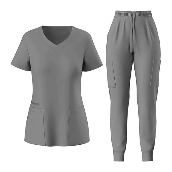 MLQIDK Womens Scrubs Plus Size Scrub Joggers Stretchy V-Neck Scrub Tops and Pants Nurse Uniforms Medical Scrubs Clothing Set for Women Gray M