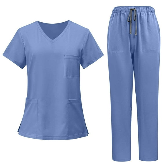 MLQIDK Womens Scrubs Plus Size Scrub Joggers Stretchy V Neck Yoga Scrub Pants and Tops Medical Scrub Sets Nurse Uniforms Tall Scrubs Sets Blue XL