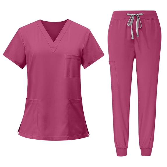 MLQIDK Womens Scrubs Plus Size Scrubs Stretchy V-Neck Yoga Scrub Pants and Tops Nursing Uniforms Medical Scrub Sets Jogger Scrubs Hot Pink M