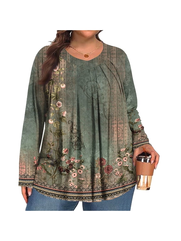 TQWQT Womens Tops Plus Size 4x-5x Fall Long Sleeve Shirts Boho Tops Ethnic Floral Graphic T-Shirt V Neck Shirts Large Casual Clothes for Women Army Green 3XL