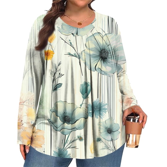MLQIDK Womens Tops Plus Size 4x-5x Fall V Neck T Shirts Ethnic Floral Graphic T-Shirt Long Sleeve Shirts Boho Tops Large Casual Trendy Tunics Mint Green 3XL