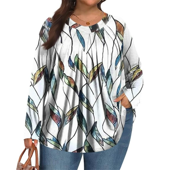 MLQIDK Womens Tops Plus Size 4x-5x Pleated V Neck Tunic Shirts Floral Print T-Shirt Long Sleeve Shirts Boho Tops Large Casual Trendy Tunics Royal Blue XL