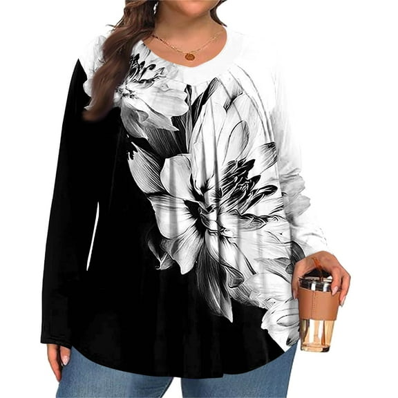 MLQIDK Womens Tops Plus Size Dressy Fall V Neck T Shirts Ethnic Floral Print T-Shirt Long Sleeve Shirts Boho Tops Large Casual Trendy Tunics Black 3XL