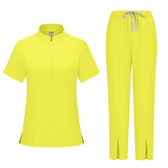 MLQIDK Yellow Scrubs Sets for Women Plus Size Medical Scrub Sets Stretchy V Neck Scrub Tops and Pants Nursing Top Scrub Sets with Pockets Yellow M