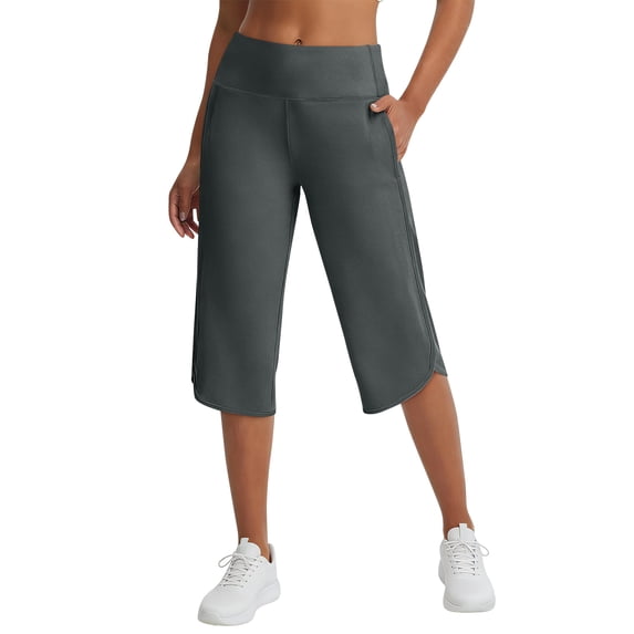 MLQIDK Yoga Capri Pants for Women Trendy Summer Yoga Leggings Knee Length Elastic Waist Plus Size Leggings Dressy Casual Yoga Capris with Pockets Gray 2XL