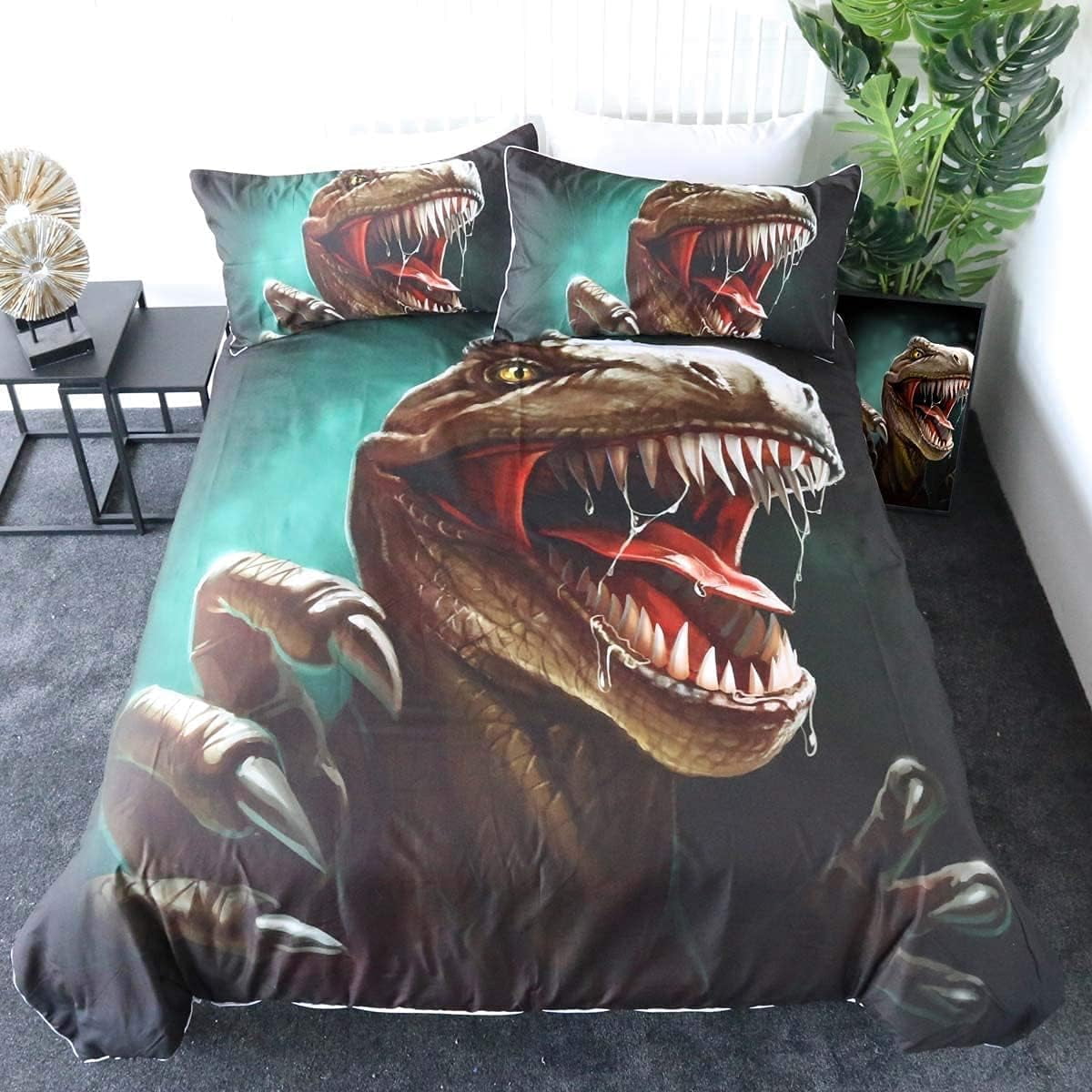 mlwws-55x78inch-dinosaur-bedding-set-green-3d-scary-animal-print