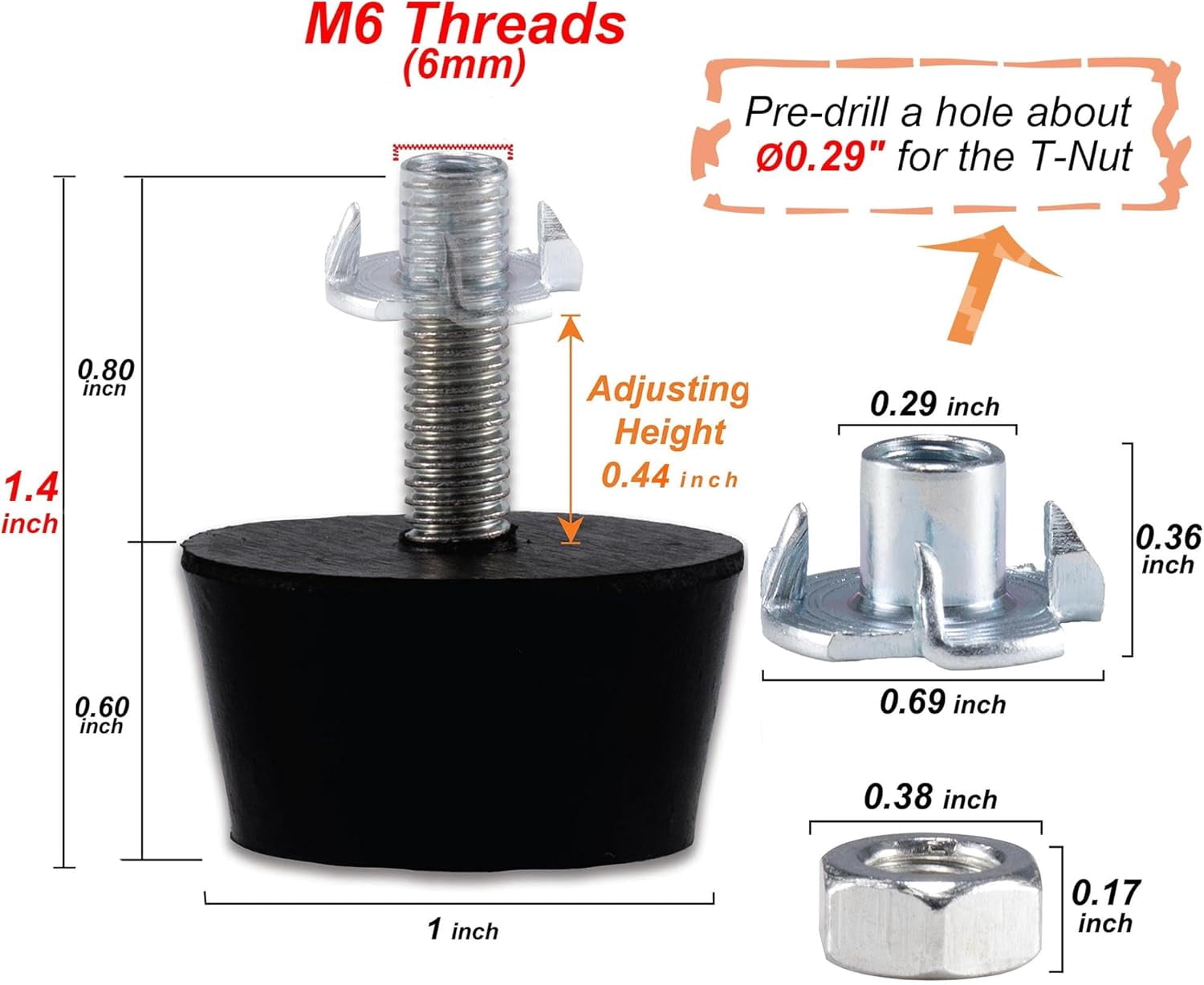 MLWWSM6 Threaded Furniture Feet Leveler, 8 Pieces Adjustable Leveling