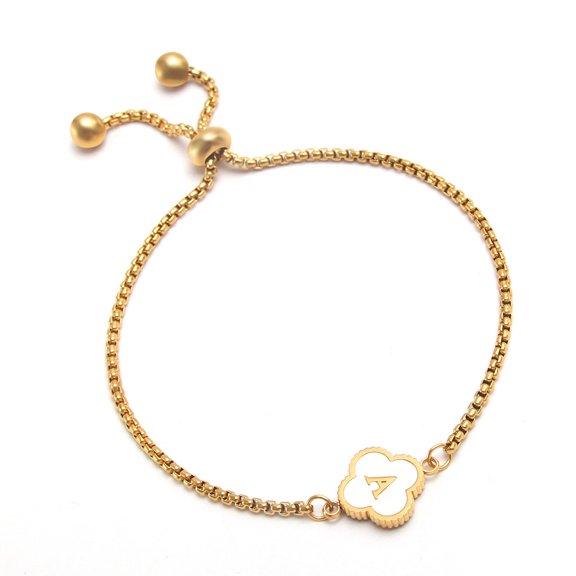 MLYeeWf Gold Plated Stainless SteelFour Leaf Clover Engraved Letter BraceletPersonalized Monogram NameAdjustable Bracelet for Girls - A - 9.44INCH