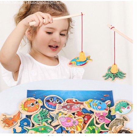 MLfire Magnetic Fishing Game Toys Set with Fish Rod Wooden Magnetic Fishing Game Parent-child Interactive Toy for Kids Gift