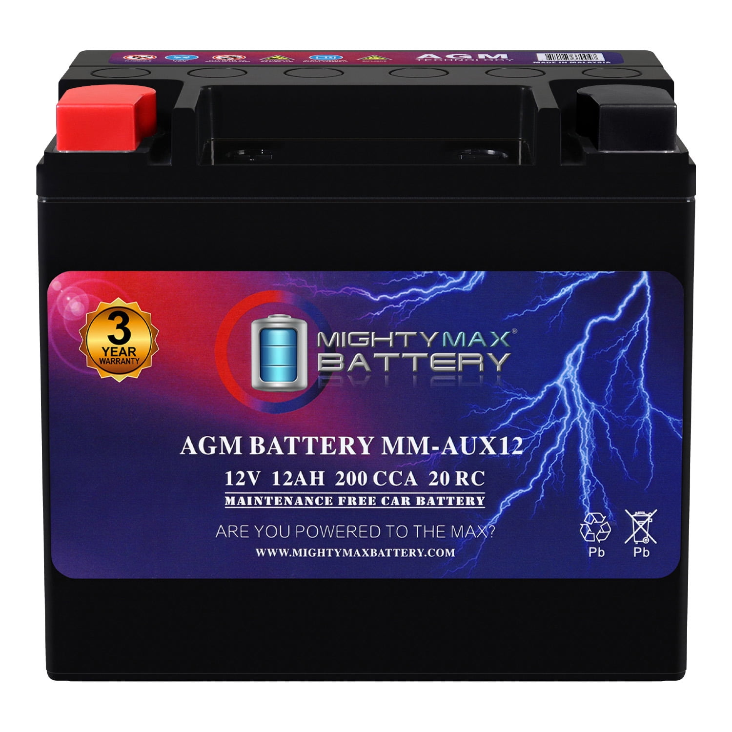 MM-AUX12 Auxiliary Battery 12V 12Ah, 20RC, 200 CCA Rechargeable AGM Car Battery
