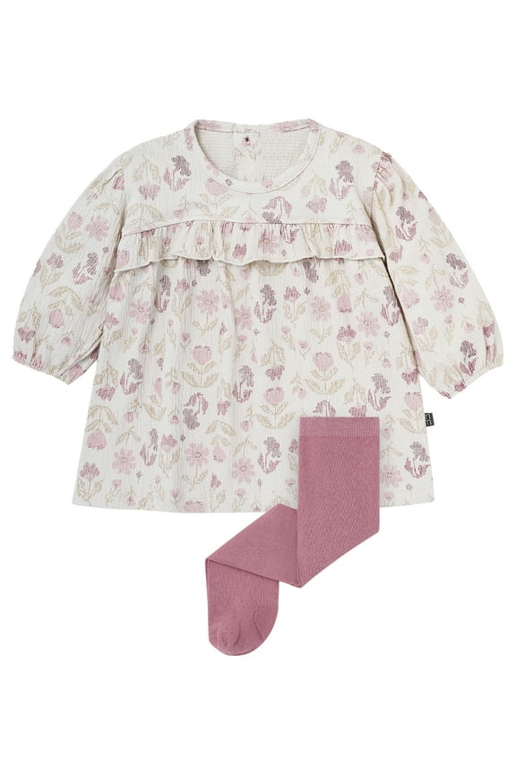 By Gerber Baby Girl Drop Shoulder Dress and Tights Outfit Set, 2-Piece, Sizes 0/3 Months - 24 Months