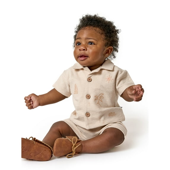 Modern Moments by Gerber Baby Boy Button Down Shirt and Short Set, 2-Piece, Sizes 0/3 Months - 24 Months