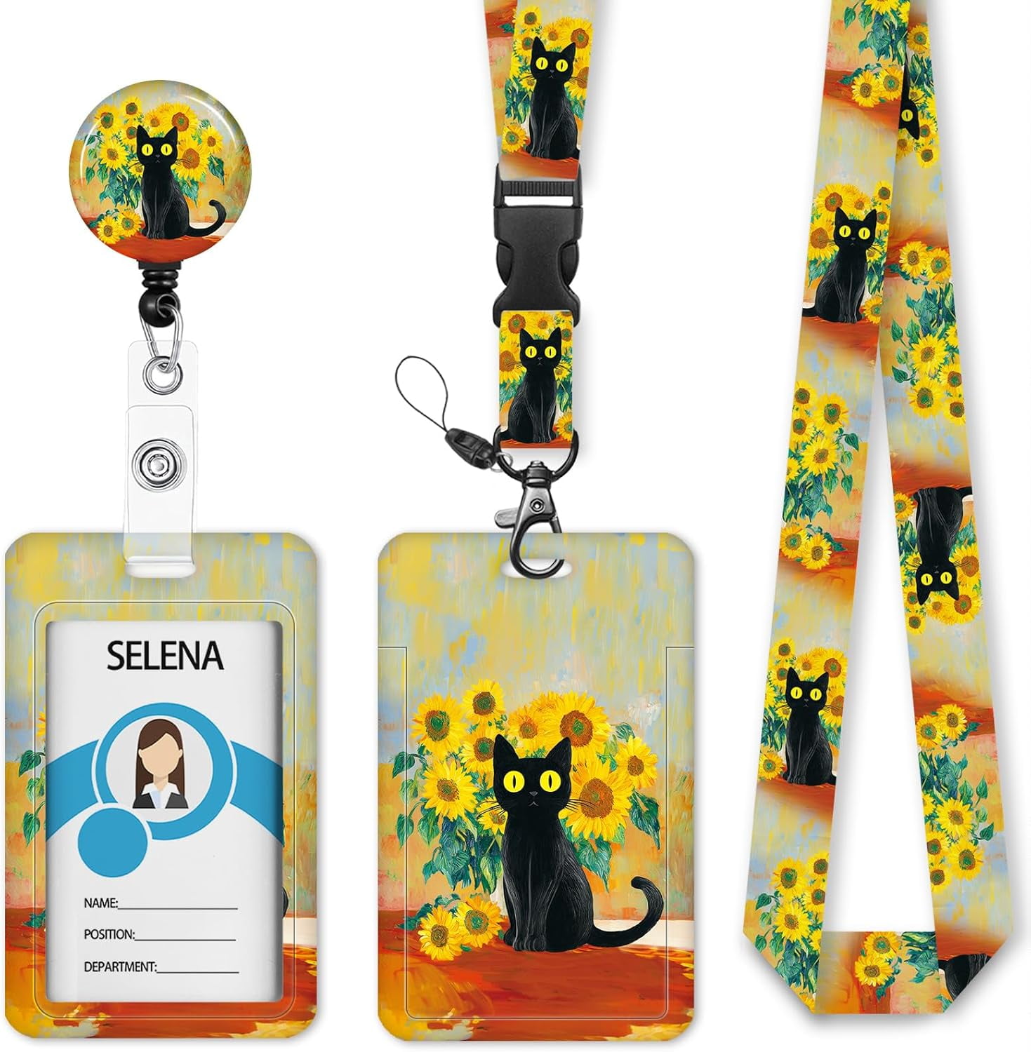 MM Black Cat Lanyards for ID Badges, Badge Holder with Lanyard Detachable,Badge Reel Retractable Keychain Clip, Vertical Cruise Ship Cards Holder Protector Name Tags, Teacher Nurse Office Women Gifts