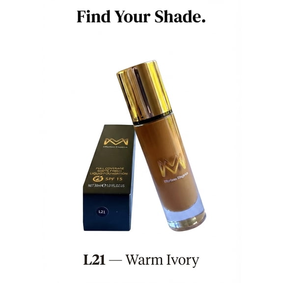 M&M Liquid Foundation, Full-Coverage, Matte Finish, Longwear, L21-Warm Ivory, Adult, 1 Count