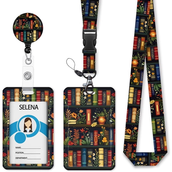 MM Floral Bookshelf Lanyards for ID Badges, Badge Holder with Lanyard Detachable, Badge Reel Retractable Keychain Clip, Cruise Ship Cards Holder Protector Name Tags, Teacher Nurse Office Women Gifts