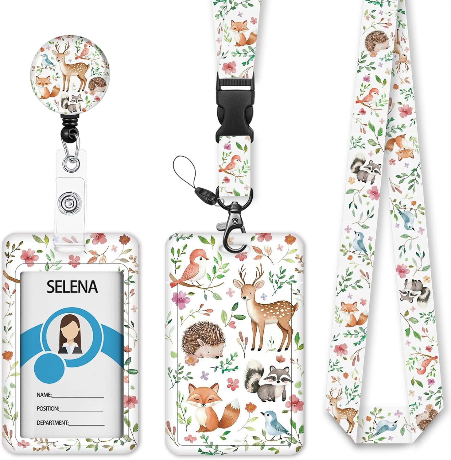 MM Fox Badge Holder Retractable Lanyard, Lanyards for ID Badges Name Tags Vertical Card Holder, Detachable Lanyard Badge Reel Retractable, Teacher Nurse Workers Women Office Gifts Cute Animal Flowers