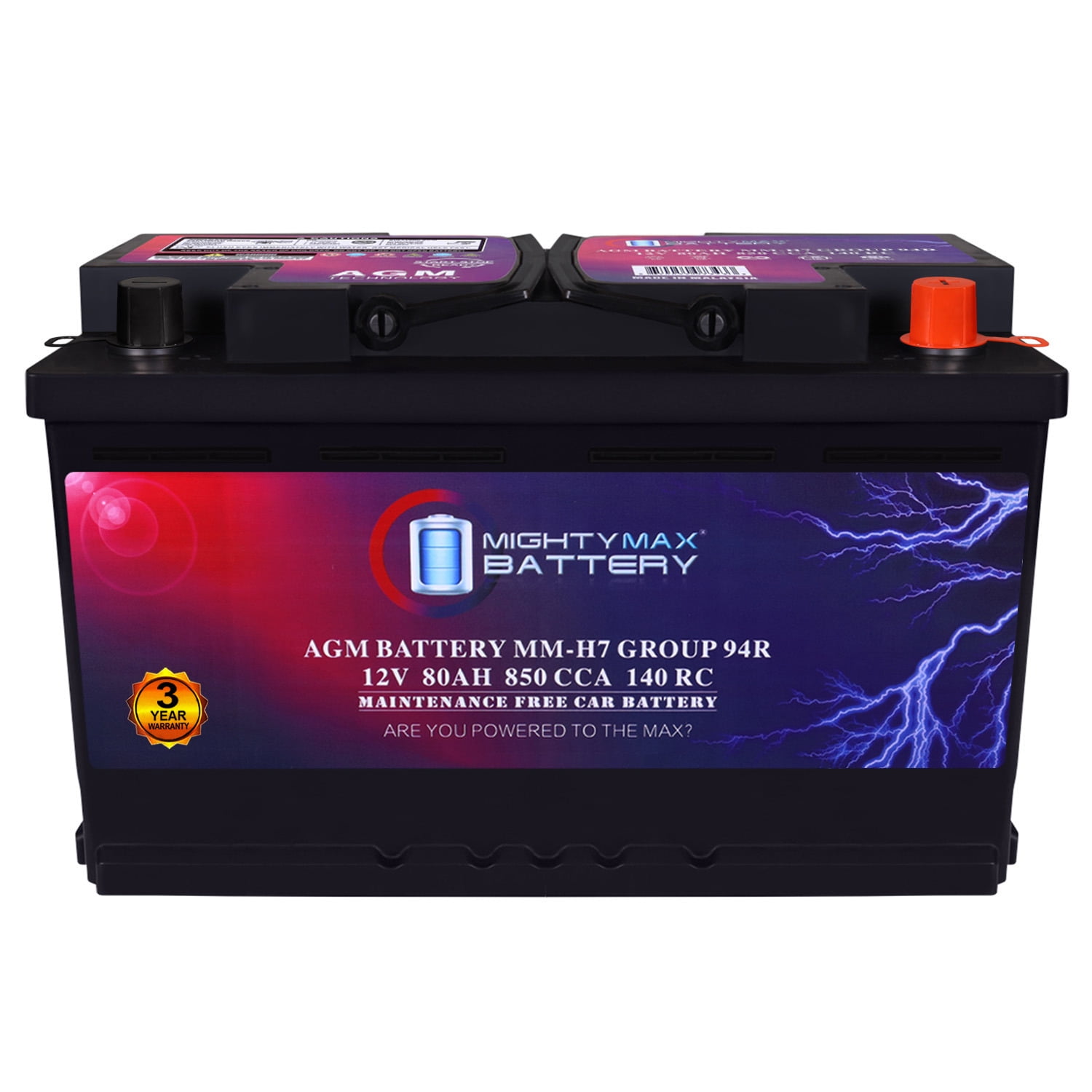Mighty Max MM-H7 AGM Car Battery, 12V 80Ah, 94R Group, 850 CCA