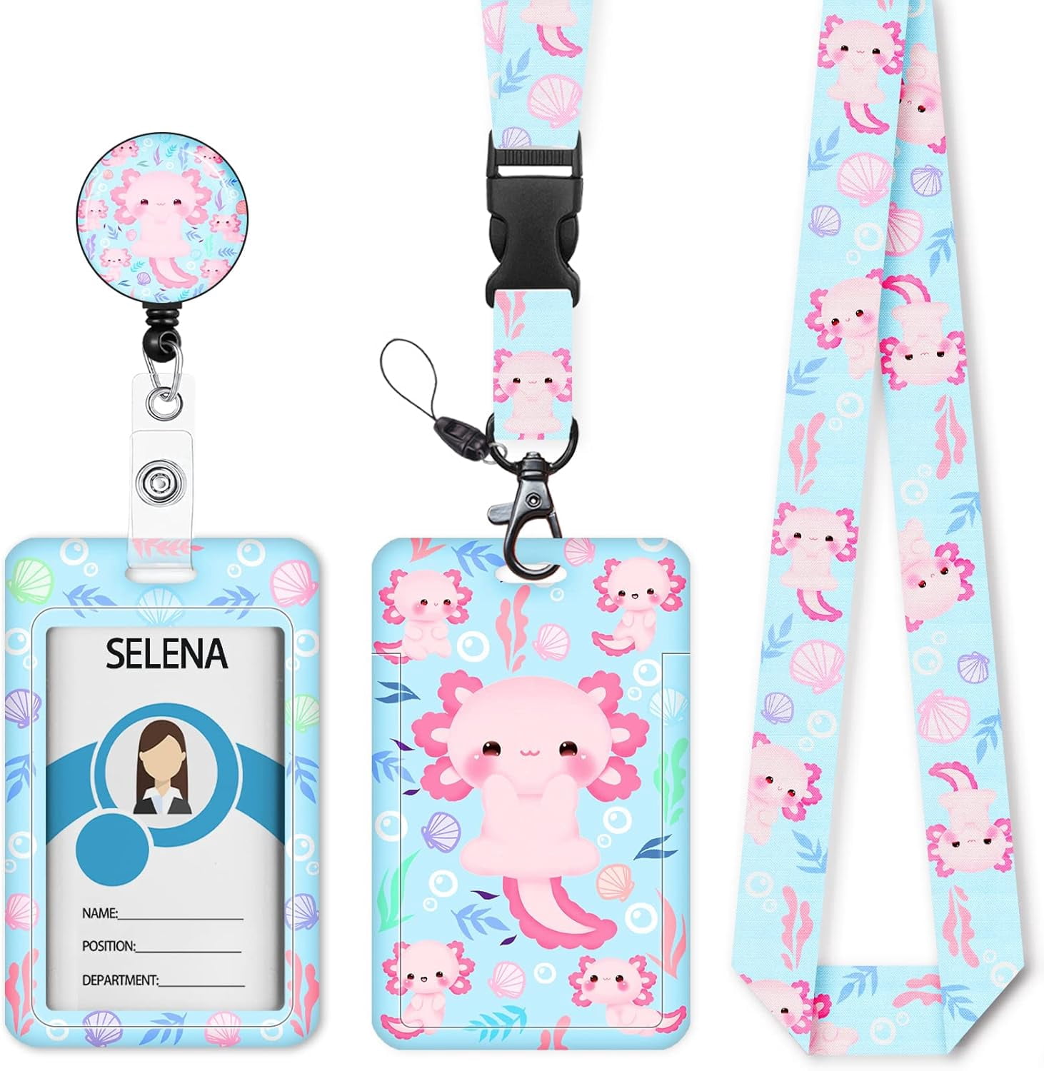 MM ID Badge Holder with Breakaway Lanyard, Lanyards for ID Badges Name Tags ID Card Holder, Cute Badge Reel Badge Clip Retractable, Teacher Nurse Nursing Student School Office Gifts, Axolotl Arts