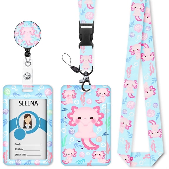 MM ID Badge Holder with Breakaway Lanyard, Lanyards for ID Badges Name Tags ID Card Holder, Cute Badge Reel Badge Clip Retractable, Teacher Nurse Nursing Student School Office Gifts, Axolotl Arts