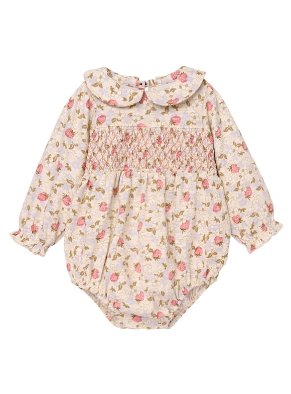 by Gerber Baby Girl Smocked Long Sleeve Bubble Romper, Sizes 0/3 Months - 24 Months