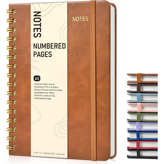 MM Lined Spiral Journal Notebook, A5 Hardcover Spiral Journals for Women Men, 150 Numbered Pages Spiral Bound Notebook, 100 GSM College Ruled Notebooks for Writing Note Taking 5.75" x 8.38", Brown