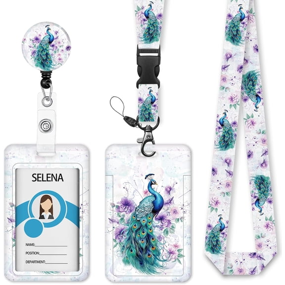 MM Peacock Lanyards for ID Badges, Badge Holder with Lanyard Detachable, Badge Reel Retractable Keychain Clip, Vertical Cruise Ship Cards Holder Protector Name Tags, Teacher Nurse Office Women Gifts