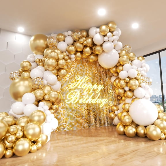 MM White and Gold Balloon Arch Kit, 140Pcs Matte White Metallic Gold and Gold Confetti Party Balloon Garland Kit for Wedding, Engagements, Birthday, Bridal Shower, Baby Shower Anniversary Decorations