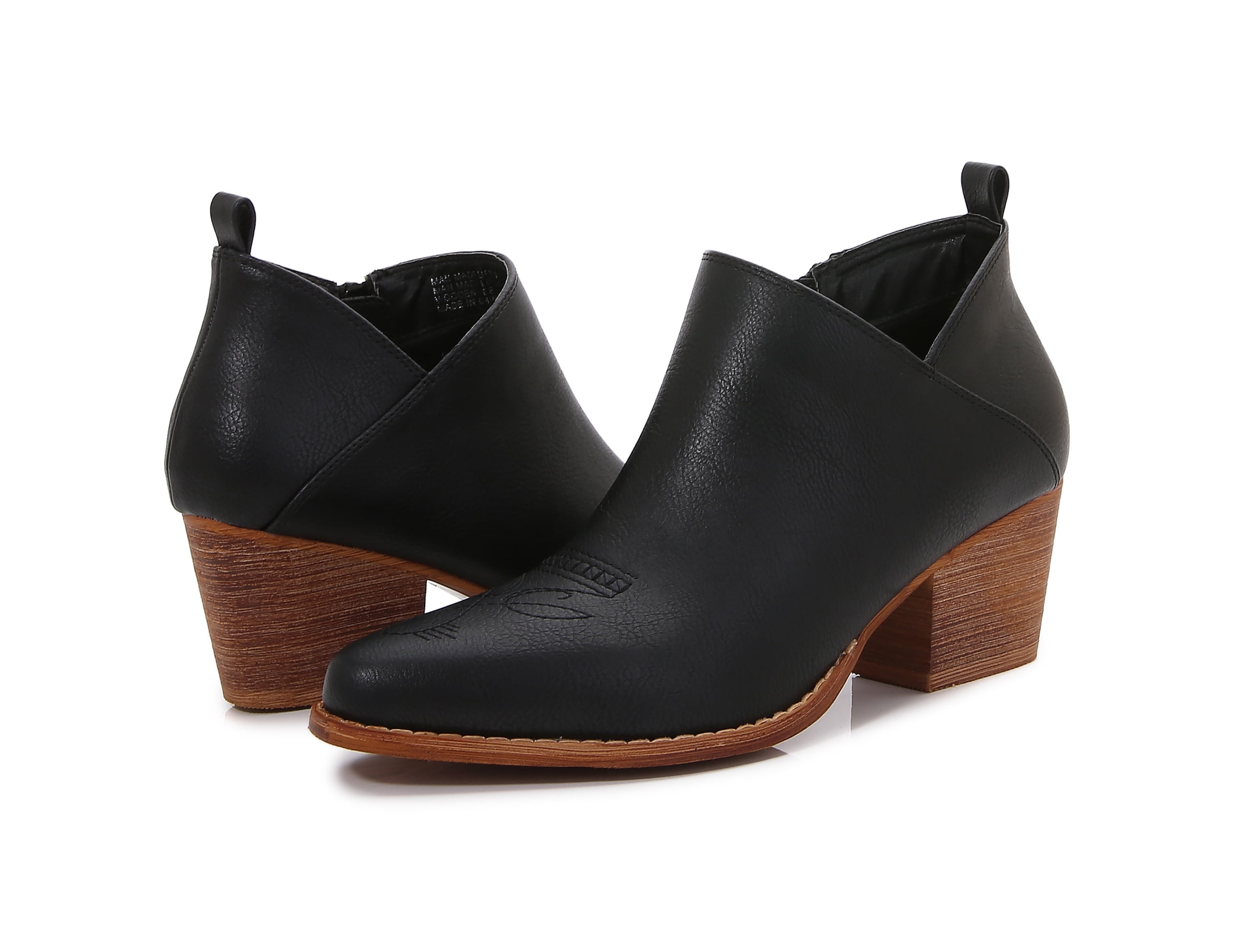 MM Women's embroidered Polyurethane Leather Wooden Heel Zippered Fashion Ankle Boots (Black, 11)
