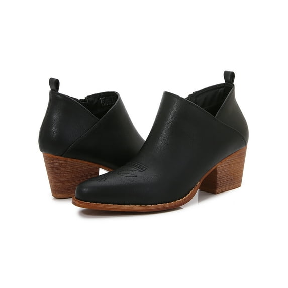 MM Women's embroidered Polyurethane Leather Wooden Heel Zippered Fashion Ankle Boots (Black, 8)