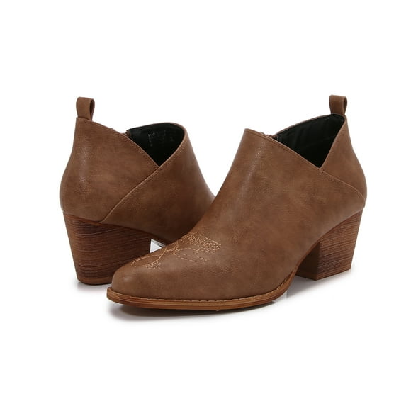 MM Women's embroidered Polyurethane Leather Wooden Heel Zippered Fashion Ankle Boots (Brown, 7)