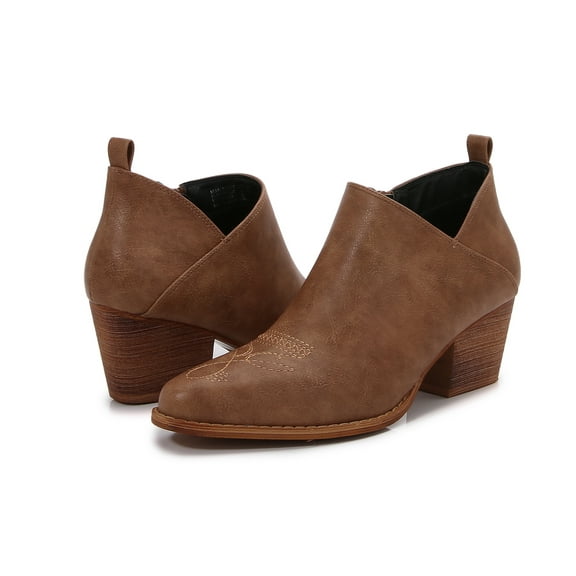 MM Women's embroidered Polyurethane Leather Wooden Heel Zippered Fashion Ankle Boots (Brown, 9)