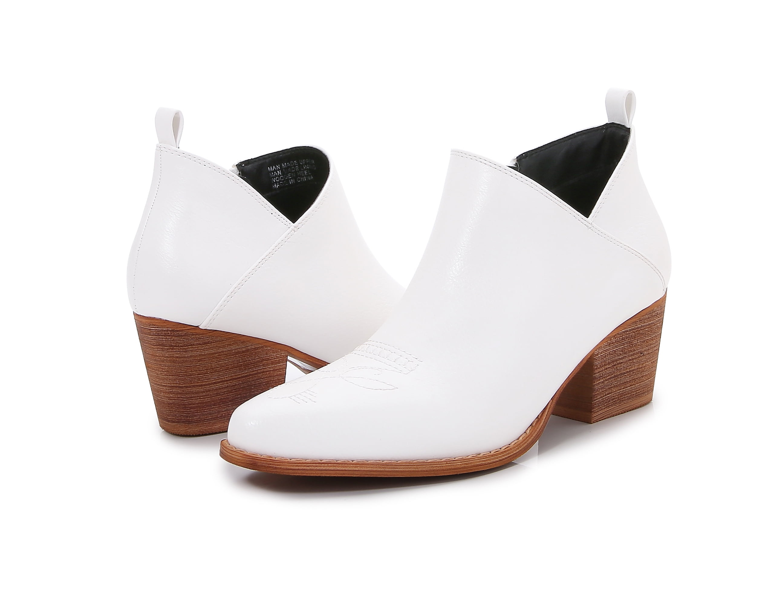 MM Women's embroidered Polyurethane Leather Wooden Heel Zippered