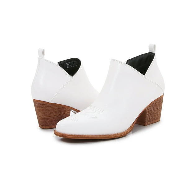 MM Women's embroidered Polyurethane Leather Wooden Heel Zippered