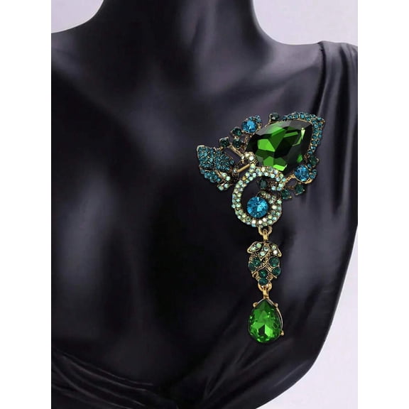 MM-bR-2214-bL Emerald & Teal Crystal Palace-Style Brooch, Goldtone Metal, Statement Jewelry For Formal Occasions
