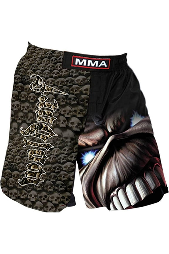 MMA Board Short in Black/Skulls Sublimated with Embroidery Lightweight Fabric for Comfort Flexibility Kickboxing Grappling Muay Thai Training Fighting Shorts