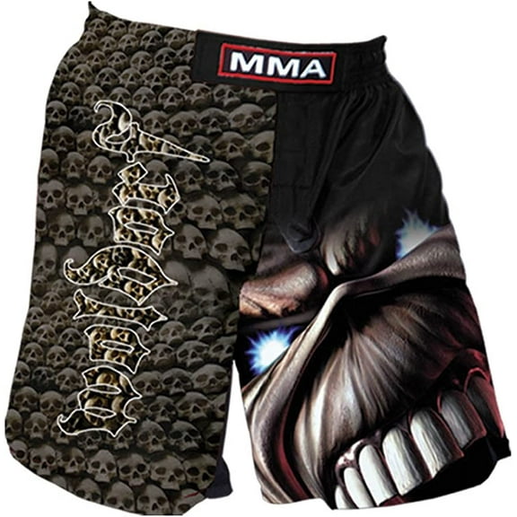 MMA Board Short in Black/Skulls Sublimated with Embroidery Lightweight Fabric for Comfort Flexibility Kickboxing Grappling Muay Thai Training Fighting Shorts