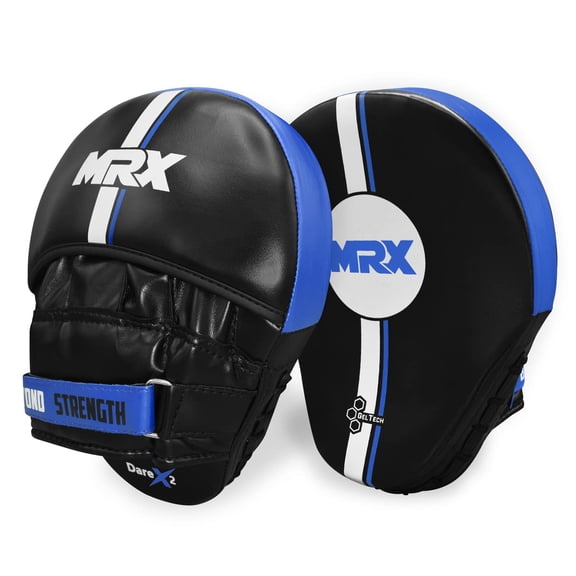 MMA Boxing Mitts, Hook and jab Training Curved Pads, Leather Berating Mesh Double Stitched MMA Muay Thai Kickboxing Martial Arts Punching Hand Target Strike Shield Black Blue Pair