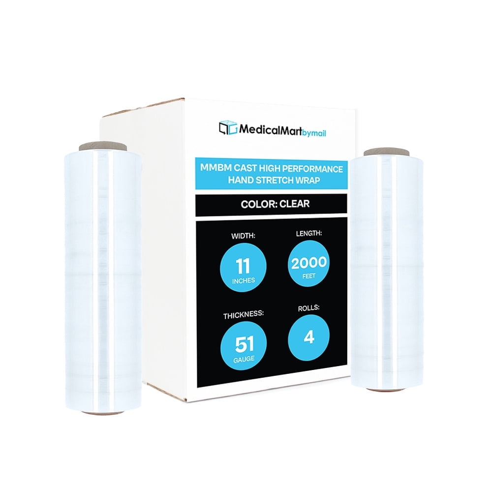 MMBM 11"x2000' Clear High Performance Hand Stretch Film: Optimal for Distribution, Warehousing, and Palletizing - 51 Gauge, 3" Core, 4 Rolls