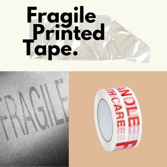 MMBM 12 Rolls - 2 Mil - Fragile Printed Handle w/ Care Packaging Tape with Dispenser Pre Printed, Ideal for Fragile Materials, Adhesive Tape, White/Red, 1.88 Inch x 110 Yards