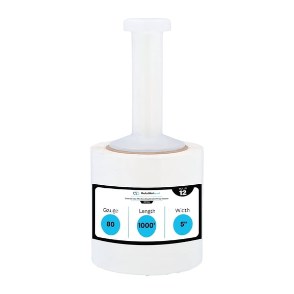 MMBM White Mini Stretch Wrap with Reusable Handle 5" x 1000' 80 Gauge 12 Rolls Plastic Wrap for Shipping Storage