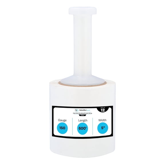MMBM Cast Mini Hand Stretch Wrap 5" x 600' 12 Rolls 150 Gauge Clear Shrink Film for Packaging and Shipping