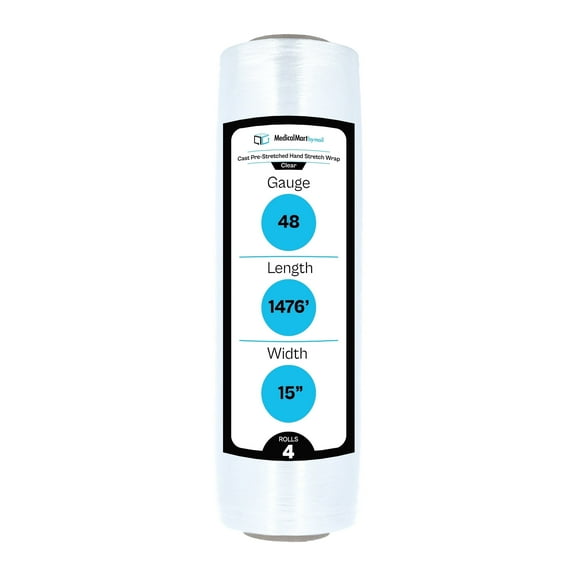 MMBM Clear Pre-Stretch Wrap 15" x 1476' 48 Gauge 4 Rolls Plastic Film for Moving and Packaging