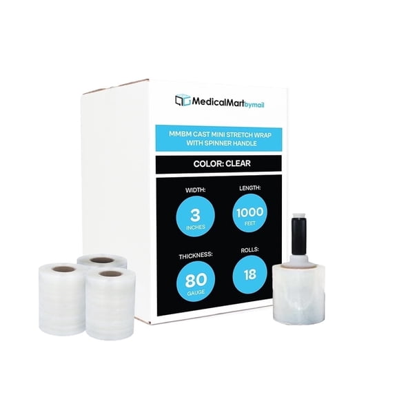 MMBM Mini Cast Hand Stretch Wrap 3" x 1000' 18 Rolls 80 Gauge Clear Plastic Film for Packing with Free Handle