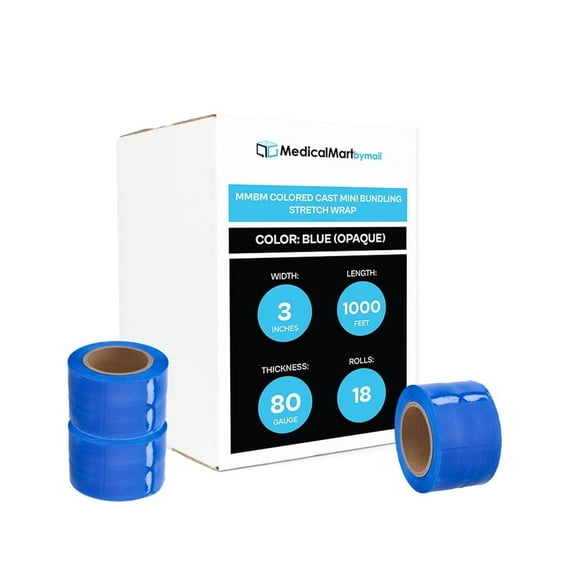 MMBM Blue Mini Stretch Wrap 3" x 1000' 80 Gauge 18 Rolls with Reusable Handle for Wrapping, Palletizing Loads